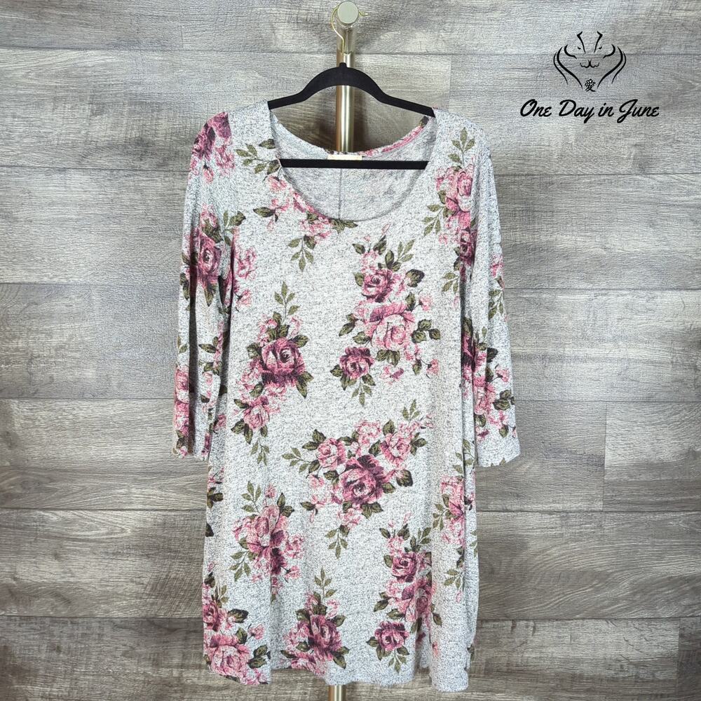 Altar'd State Floral Sweater Dress Gray Pink Rose Print Long Sleeve Size L